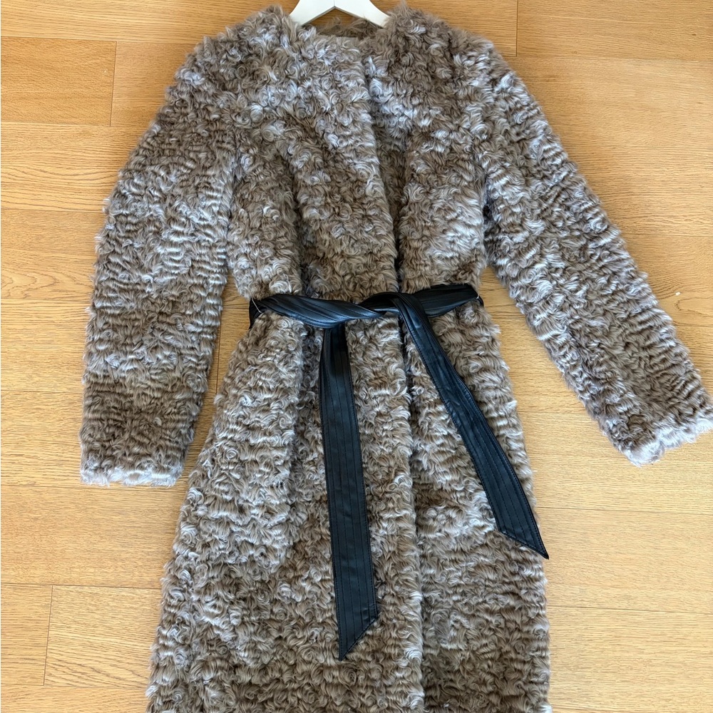 H&M Faux-Shearling Long Coat with Faux-Leather Tie Belt